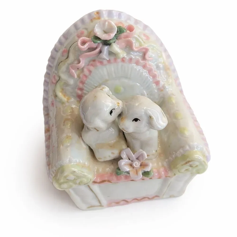 Vintage Iridescent Ceramic Puppy Dogs on Sofa Figurine Pastel Lusterware